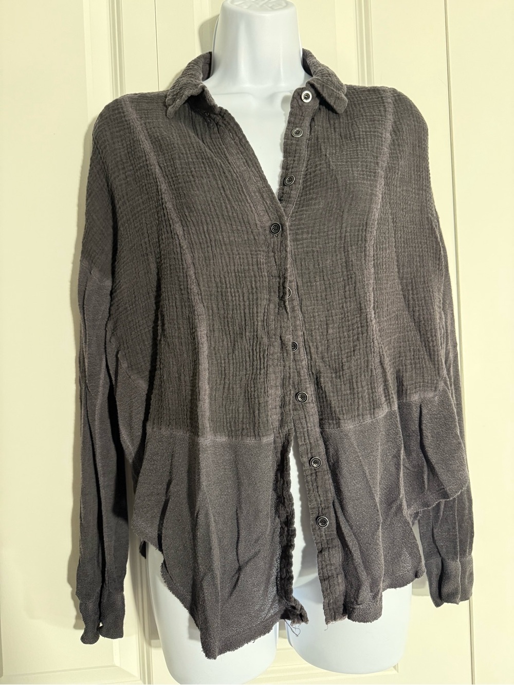 Free People Button-Down Gauze Shirt in Charcoal Gray